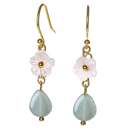 Boucles D'Oreilles Pendantes Élégantes Et Délicates Avec Des Fleurs De Coquillages - Boucles D'Oreilles Crochet D'Oreille En Jade Aventurine Ethnique...