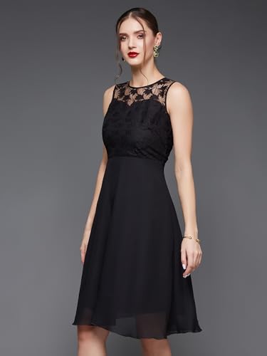 Image of Miss Chase Women's Black Round Neck Sleeveless Solid Mini Lace Skater Dress