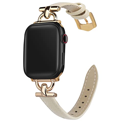 Image of Leather Band Compatible with Apple Watch Bands for Women, Dressy Fancy Strap for iWatch Series 11 /10 /9 /8 /7 /6 /5 /4 /3 /2 /1 /se /Ultra /Ultra 2(49mm 46mm 45mm 44mm 42mm,Milky White /Gold)