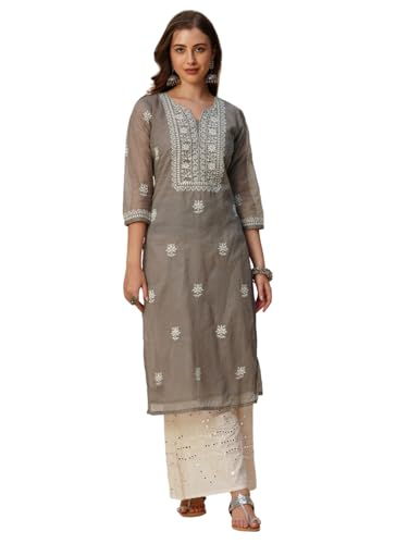 Image of RATAN Muga Cotton Straight Lucknowi Chikankari Ethnic Wear Kurta for Women