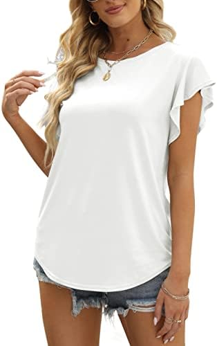 MIROL Women's Ruffle Sleeve Tops Summer Casual Blouse Crew Neck Solid Cute Tunic Shirt White