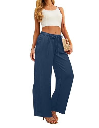 Womens Wide Leg Palazzo Pants Dressy Casual Lounge Baggy Pant Summer Travel Loose Drawstring Elastic Waist Trouser with Pockets Navy Blue S2