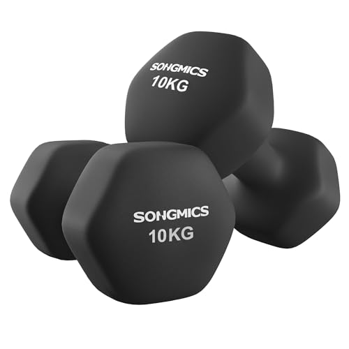 SONGMICS Set di 2 Manubri, 2 x 10 kg, Manubri Esagonale con Superficie in Vinile, per Fitness, Esercizio, Addestramento, per Palestro in Casa, Nero Inchiostro SYL110B01