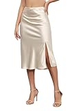 ALCEA ROSEA Women High Waist Silky Satin Midi Skirt Elastic Waist A Line Skirt with Slit (Champagne, XL)