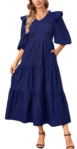 Image of Women Casual Lantern Sleeve Ruffle V Neck Fall Dress Boho Flowy Maxi Dresses Tiered Cocktail Long Dress
