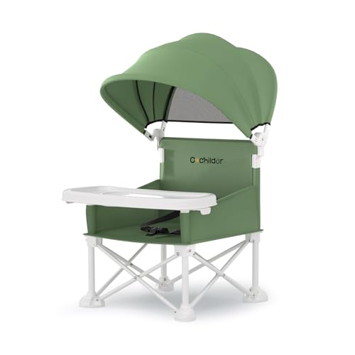Image of Cochildor 4-in-1 Portable Baby Chair, Foldable Toddler Booster Seat with Removable Tray, Canopy & Safety Harness, Green