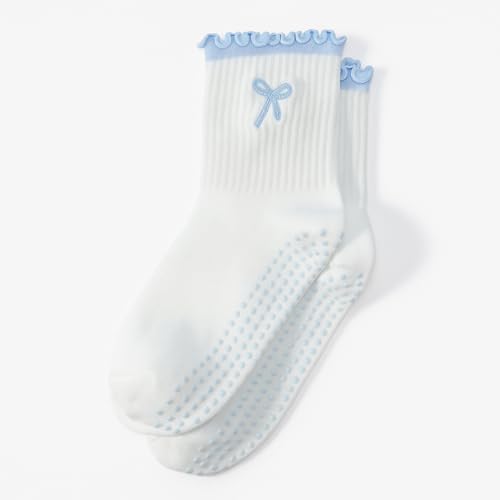 Image of Jeyiour Summer Cute Pilates Socks Women Bow Nonslip Ruffle Yoga Socks with Grip Barre Pilates Gift for Work Dance Fitness