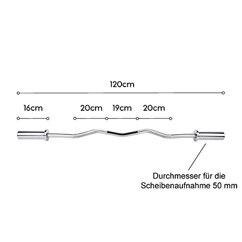 wuuhoo® Barre Curl Diego – 120cm en Acier chromé, Barre d'haltère, Jusqu'à 60kg, Compatible avec Toutes Les plaques Olympiques 50mm, Poignées moletées – Équipement de Gym à Domicile – Image 3