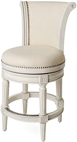 Maven Lane Pullman Wooden Kitchen Counter Height Stool 25" with 180 Degrees Swivel, Brushed White Oak Finish and Natural Fabric, Nail Head Trim Design