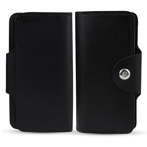 Men's And Woman Genuine Leather Bifold Long Wallet RFID Blocking Security 4 ID Window Checkbook, Credit Holder (Black)