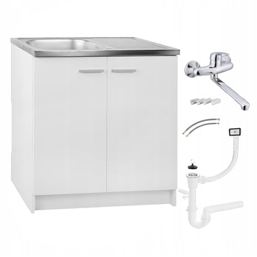 Spülenschrank Küchenschrank 80cm Weiß Spüle Edelstahl Armatur Chrom Wand Komplett Standschrank 49cm Tiefe Siphon Geschirrspüler Wandarmatur Set XXL