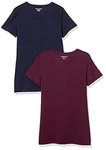 Amazon Essentials Damen T-Shirt mit kurzen Ärmeln und Rundhalsausschnitt in normaler Passform, 2er-Pack, Burgunderrot/Marineblau, L