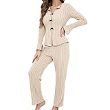 Photo Gallery fjquamitix pigiama da donna in cotone modal a maniche lunghe, morbido e traspirante, pigiama da donna con vita regolabile, chiusura frontale con bottoni, beige e bianco., m Photo Gallery fjquamitix pigiama da donna in cotone modal a maniche lunghe, morbido e traspirante, pigiama da donna con vita regolabile, chiusura frontale con bottoni, beige e bianco., m