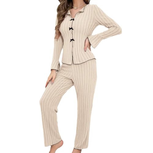 Fjquamitix Damen Pyjama Set Baumwolle Modal Langarm Weich und Atmungsaktiv Damen Pyjama Set mit Verstellbarer Taille Knopfleiste vorne für Sie,...