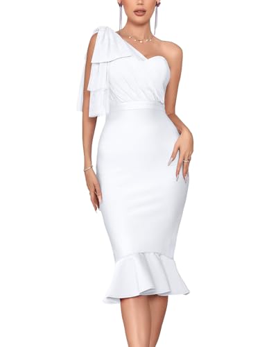 Image of houstil Women's One Shoulder Fishtail Wedding Guest Bandage Dress Mesh Midi Graduation Bodycon Party Club Dresses