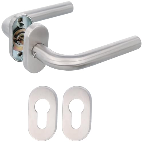 Amig - Juego de manillas Modelo 4 “O” con placa ovalada - Acero inoxidable 18/8-136x19(diámetro) mm - Roseta de acero niquelado de 65x31mm
