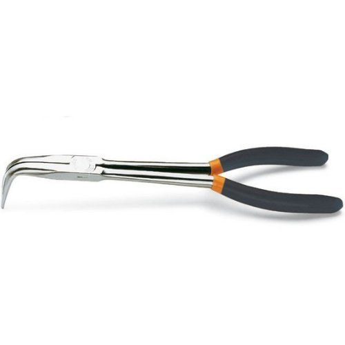 Long knurled nose pliers bent at 90° for special uses covered handles with 2 layers of non-slip PVC