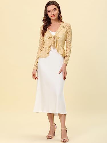Image of Allegra K Bolero Shrug for Women's Lace Cardigan Tie Front Crop Ruffled Formal Dressy Wedding Shrugs
