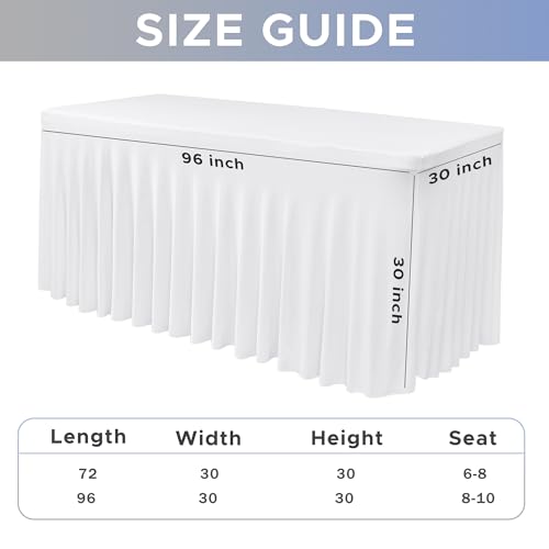 Image of White Spandex Table Skirt for 8 Foot Rectangle Tables 2 Pack 96x30 In | Stretch Fitted Table Covers, Wrinkle Free Ruffle Design Tablecloths for Wedding Banquets,Party, Banquet, Birthday, Events