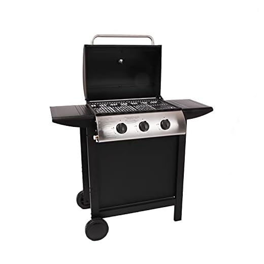 LOFOTEN - Barbacoa de Gas para Exterior 3 quemadores de 8,4 KW sobre Ruedas con Tapa, 2 Parrillas de Acero Cromado, 2 estantes Laterales, 1 Bandeja Baja y termómetro - Negro