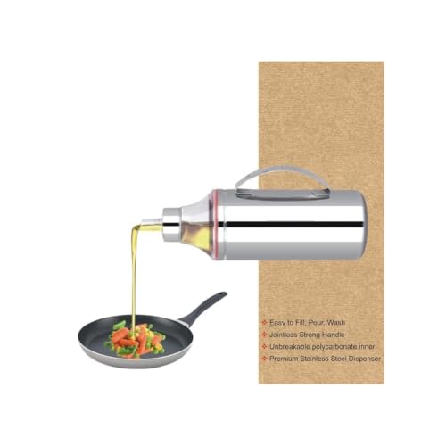 Image of RUSH KITCHENWARE 1-Litres Easy Flow Stainless Steel Oil Dispenser Bottle with Lid and Cap | Air-Tight Spill-Proof | Food Grade Oil Pourer, Silver, 1000ml