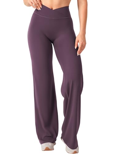 YEOREO Ease Straight Leg Leggings for Women No Front Seam Workout Leggings 31.5" Crossover High Waist Soft Yoga Pants Black Berry Purple M