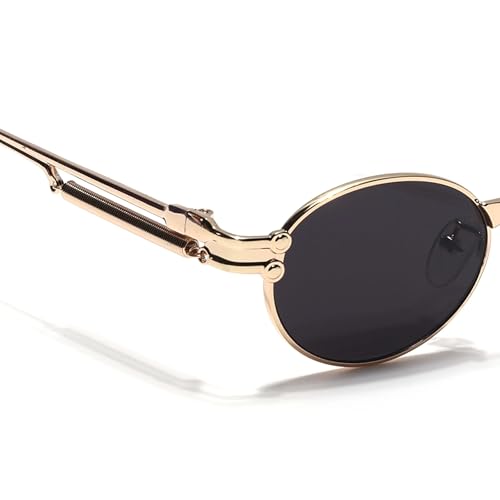 Image of Oval Sunglasses, Gold Metal Frame with Dark Grey Lenses, Steampunk Style
