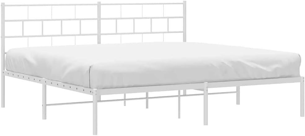 Metal Bed Frame White Powder-Coated Steel Full Size Platform Bed Frame with Headboard and Storage, Heavy-Duty Nonslip Foundation for Bedroom Mattress Support
