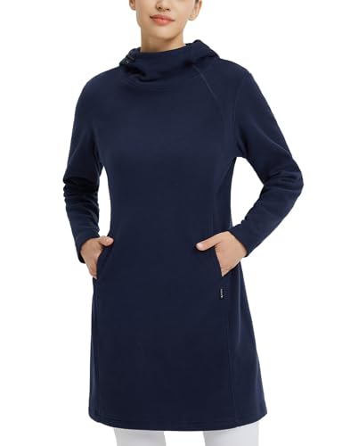 baleaf Women's Fleece Sweatshirt Dress Thermal Long Winter Fall Tunic Dresses Outfits with Pocket Hooded Pullover Navy Blue M