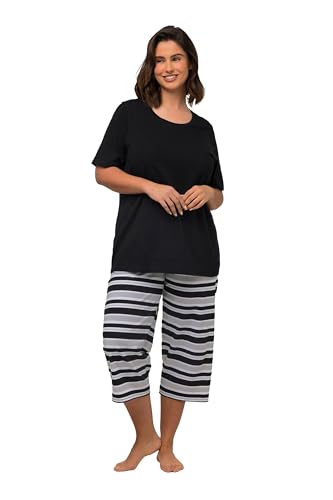 Ulla Popken Damen Pyjama, Ringel, Rundhals, Halbarm, 3/4-Hose Pyjamaset,...