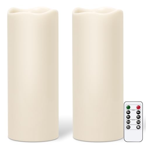 Image of GenSwin Outdoor Candles with Timer Waterproof, Large Pillar Battery Operated Candles with Remote Timer, 12 inch x 5 inch LED Flameless Candle for Indoor Outdoor Lanterns Patio, IP65 Waterproof (Set of 2)
