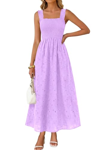 Image of KIRUNDO Summer Lace Dress for Women Eyelet Maxi Sundress | Boho Sleeveless Cotton Flowy Long Dresses, Wedding Guest, Beach Vacation, Baby Shower Guest Dress, Smocked Bust, With Pockets