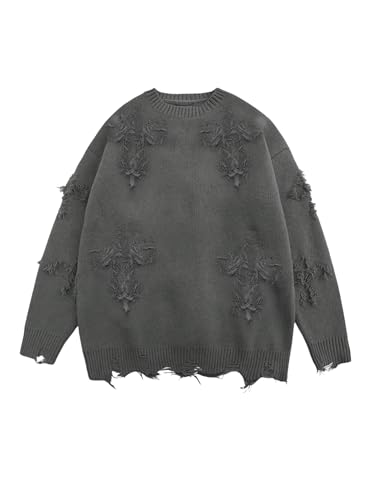 Men's Gothic Grunge Ripped Sweaters Distressed Long Sleeve Vintage Loose Pullover Sweaters
