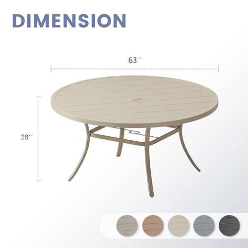 Image of VICLLAX 63 inch Round Patio Table, Outdoor Dining Table for 8-10 with Umbrella Hole for Garden Lawn Deck Backyard, Sandshell