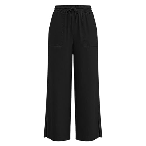 Image of Girls Linen Pants Wide Leg School Uniform Pants Cozy Elastic Waist Summer Casual Beach Lounge Trousers with Pockets