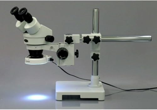 Image of AmScope SM-3B-80S Professional Binocular Stereo Zoom Microscope, WH10x Eyepieces, 7X-45X Magnification, 0.7X-4.5X Zoom Objective, 80-Bulb LED Ring Light, Single-Arm Boom Stand, 90V-265V