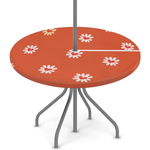 KOBLEN Sunflower Red Round Tablecloth with Elastic Umbrella Hole Outdoor Fitted Tablecloths Waterproof Table Cover Vinyl Round Table Cloth for Picnic Patio Garden(45-56