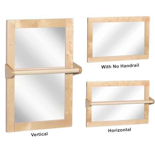 Baby Montessori Wooden Frame Safety Mirror, Shatterproof Mirror with 2 Pull Up Bars, Toddler Coordination, Small Mirror for 6-18 Months (Natural)