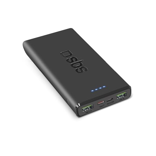 SBS PowerBank 10K Fast, 22.5W Power Delivery, 10.000mAh, Power Bank con Carga rápida, LED de Carga, USB C, USB A, Cargador portátil de Viaje, diseño Compacto, Negro