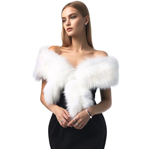Long Women's Faux Fur Collar Scarf Wrap, Cold Winter Warm Stole Scarf Shawl Shrug Neck Warmer Wrap (White with Tips)