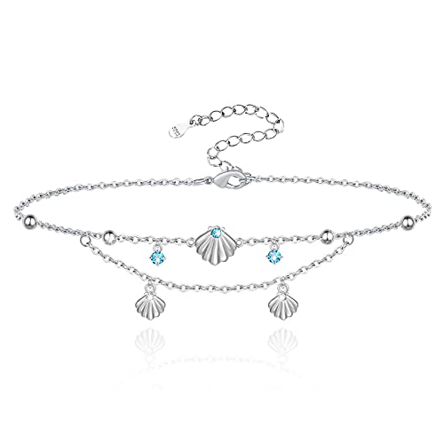 Shell Anklet Bracelet for Women Adjustable S925 Sterling Silver Seashell Pendant Foot Ankle Sea Beach Charm Layered Anklet Jewelry Birthday Gifts for Mom Women Girls Shell Lovers