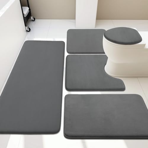 Image of YHOUSE 5 Piece Memory Foam Bath Mat Set, Super Absorbent Bath Mats - Non-Slip & Washable, Dry Quickly in Dark Grey