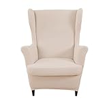 CRFATOP Jacquard Wing Chair Slipcovers 2 Piece Stretch Wingback Chair Cover Spandex Wing Back Armchair Covers Furniture Protector with Side Pocket for Living Room Bedroom Wingback Chair,Cream