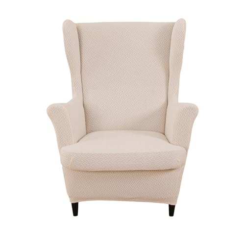 CRFATOP Jacquard Wing Chair Slipcovers 2 Piece Stretch Wingback Chair Cover Spandex Wing Back Armchair Covers Furniture Protector with Side Pocket for Living Room Bedroom Wingback Chair,Cream