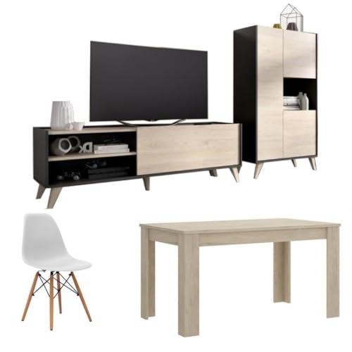 Mobelcenter, Conjunto Muebles de Salón Ness, Incluye Mueble de Televisión, Aparador Buffet de salón, Mesa de Comedor y 4 Sillas, Acabado en Color Grafito, Natural y Blanco (P0034)