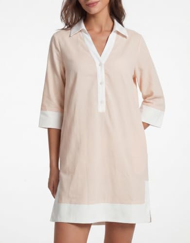 Image of Kedera Women Button Shirt Dress V Neck Short Sleeves Summer Casual Work Shift Tunic Dress with Pockets