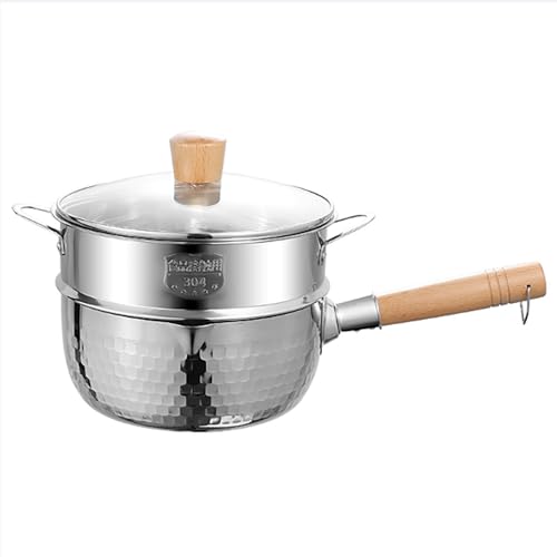 Cacerola antiadherente martillada de acero inoxidable con tapa y vaporizador, perfecta para cocinar ramen y calentar leche
