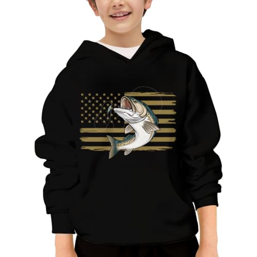 Fishing US American Flag Bass Fish Fisherman Youth Hoodie with Kangaroo Pocket and Stylish Design