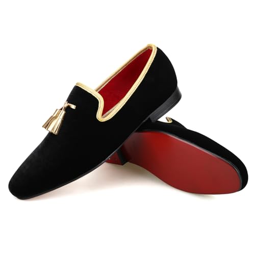 FERUCCI Men Black Velvet Square Toe Gold Tassel Slippers Loafers Flats Prom Wedding - Main Image