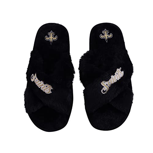 Image of FOCO Womens NFL Team Script Wordmark Fuzzy Cross Slide Slippers